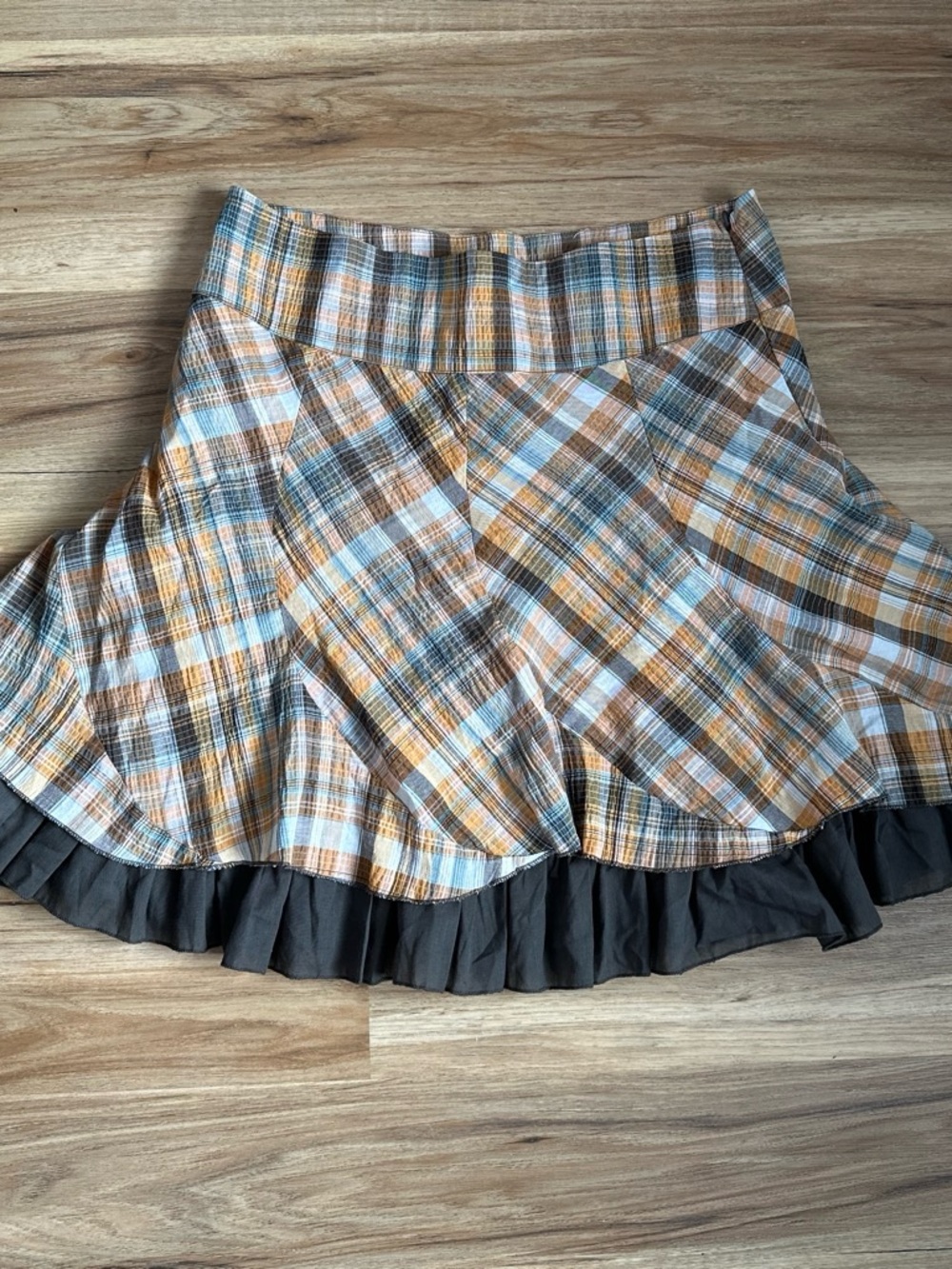 Connection 8 Women’s Plaid Flared Skirt in Light Blue and Brown